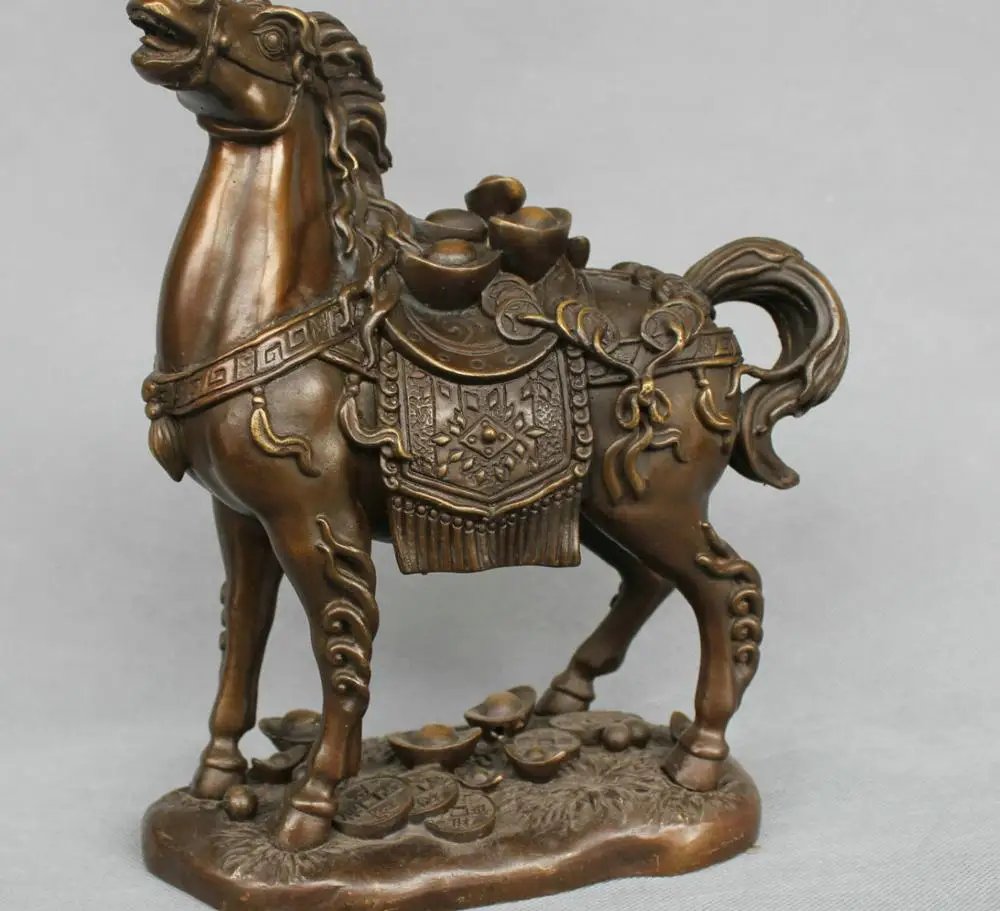 

11" China Pure Bronze Zodiac Horse Carry Yuanbao Ingot Coins Money Statue