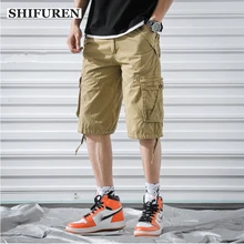 SHIFUREN Лето Для мужчин хлопок военных грузов шорты Multi-карман Loose Fit повседневные Для мужчин Мешковатые Рабочие Комбинезоны шорты до колена Длина