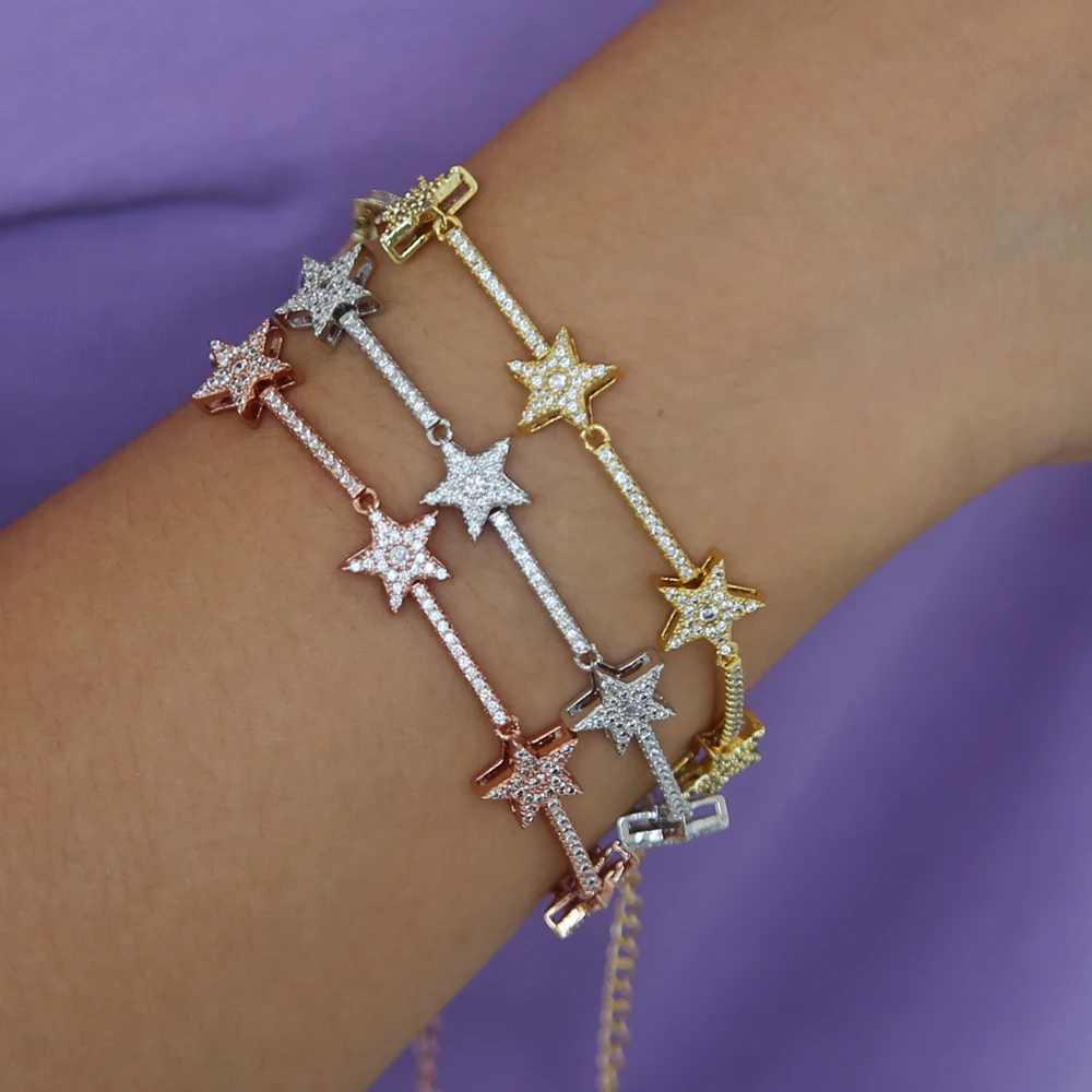 

New Lady Girls Bangle Simple Gold Filled Chic Trendy Stars link Chain bar Bracelet Cuff Jewelry Party wedding sparkling bracelet