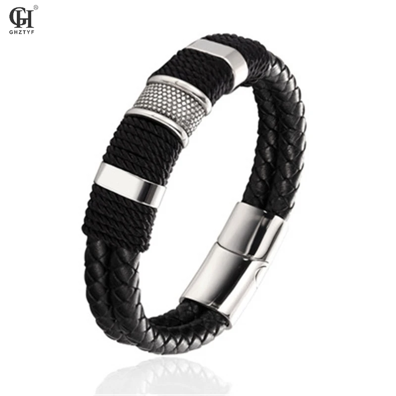 

Punk Men Jewelry Black Braided Leather Bracelet Stainless Steel Magnetic Clasp Fashion Bangles & Bracelets Valentine's Day Gifts