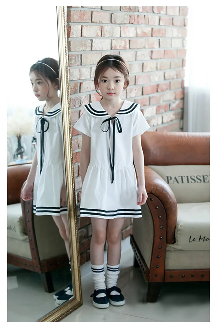 Summer Teen Girls Short Sleeves Cotton Dress Korean Kids Sailor Collar School Clothes Girls Preppy Style Children Clothing- HTB1K5kfPVXXXXbzXpXXq6xXFXXXD
