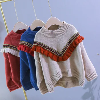 

DZIECKO New Autumn/Winter Girl Sweater Tops Children Knitting Ruffles Long Sleeves Crochet Warm Christmas Pullovers Girl Sweater