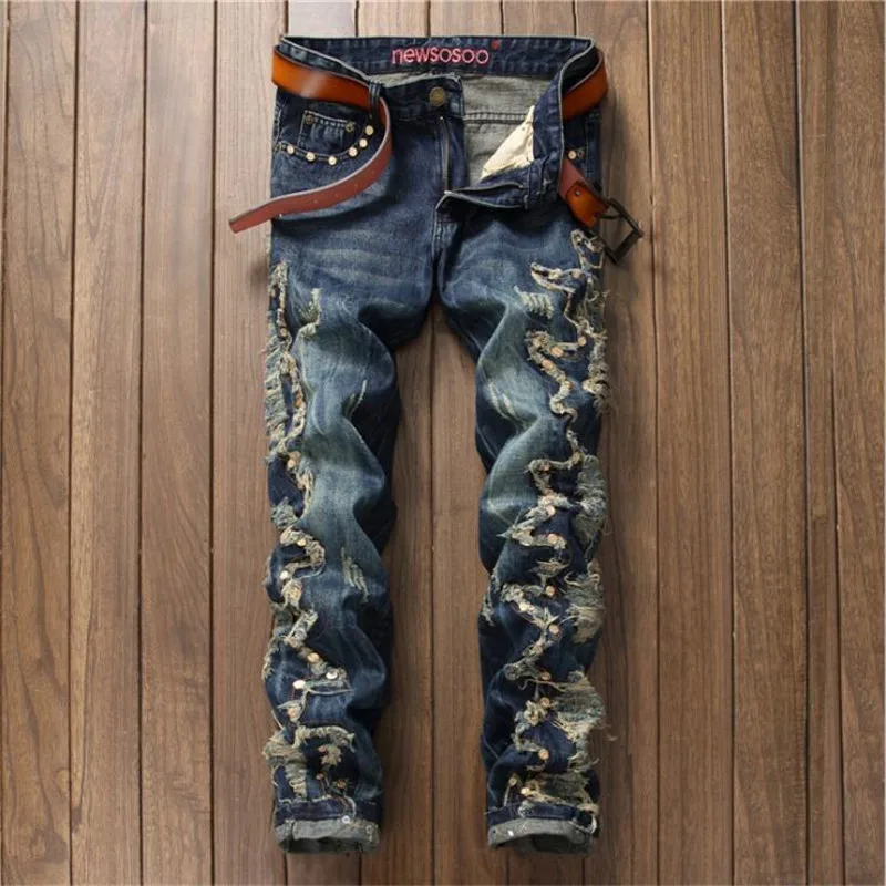2016 Fashion Mens Ripped Jeans Distressed Patchwork Rivet Straight Denim Jeans P6032