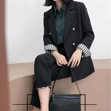 Женский офисный Женский Большой комплект из 2 предметов, однотонный черный элегантный двубортный пиджак с отложным воротником и длинные брюки