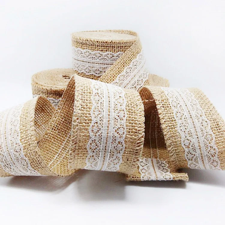 

5M Natural Jute Burlap Hessian Ribbon with Lace Trims Tape Rustic Wedding Decor wedding cake topper