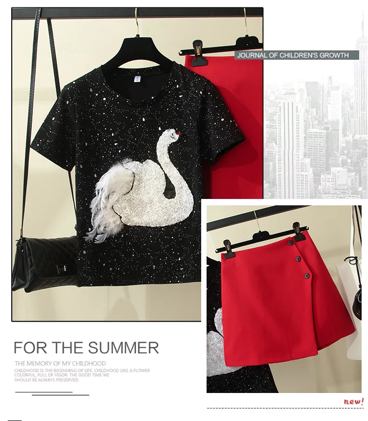 Новая модная летняя женская футболка с вышивкой в виде лебедя топ+ юбка трапециевидной формы с красными пуговицами Женский комплект с юбкой