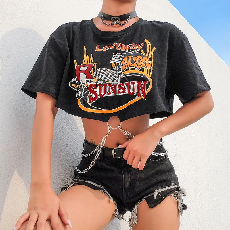 Korean Punk Short Sleeve Tshirt Women Black Harajuku Cotton T Shirt Ladies Printed Top with Chains Streetwear Summer TS50 (4)