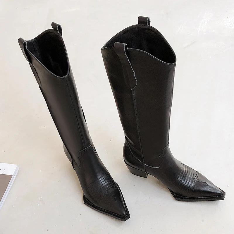 TXCNMB/ г.; зимние женские сапоги до колена; сапоги на высоком каблуке с острым носком; модельная обувь из натуральной кожи для вечеринок; женская повседневная обувь - Цвет: Черный