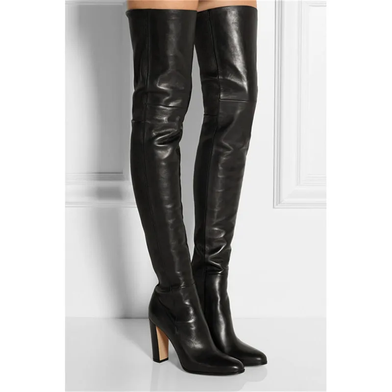 

EMMA KING Fashion Leather Chunky Square Heels Thigh High Boots Women Ladies Round Toe Black Over Knee High Boots Dress Shoes