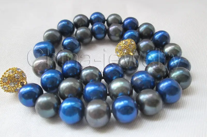 

fast Beautiful 17" 12mm black and blue round freshwater pearl necklace -magnet zircon AAA