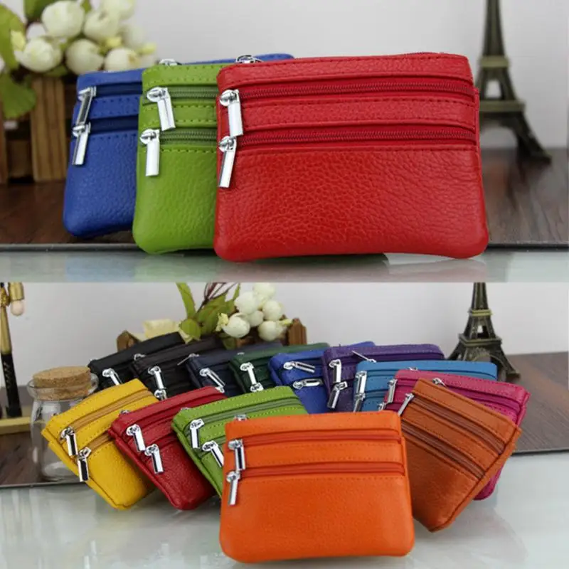 

Unisex Coin Wallet Money Holder Case Leather Double Zippers Horizontal Bag Women Leather Purse With Key Ring