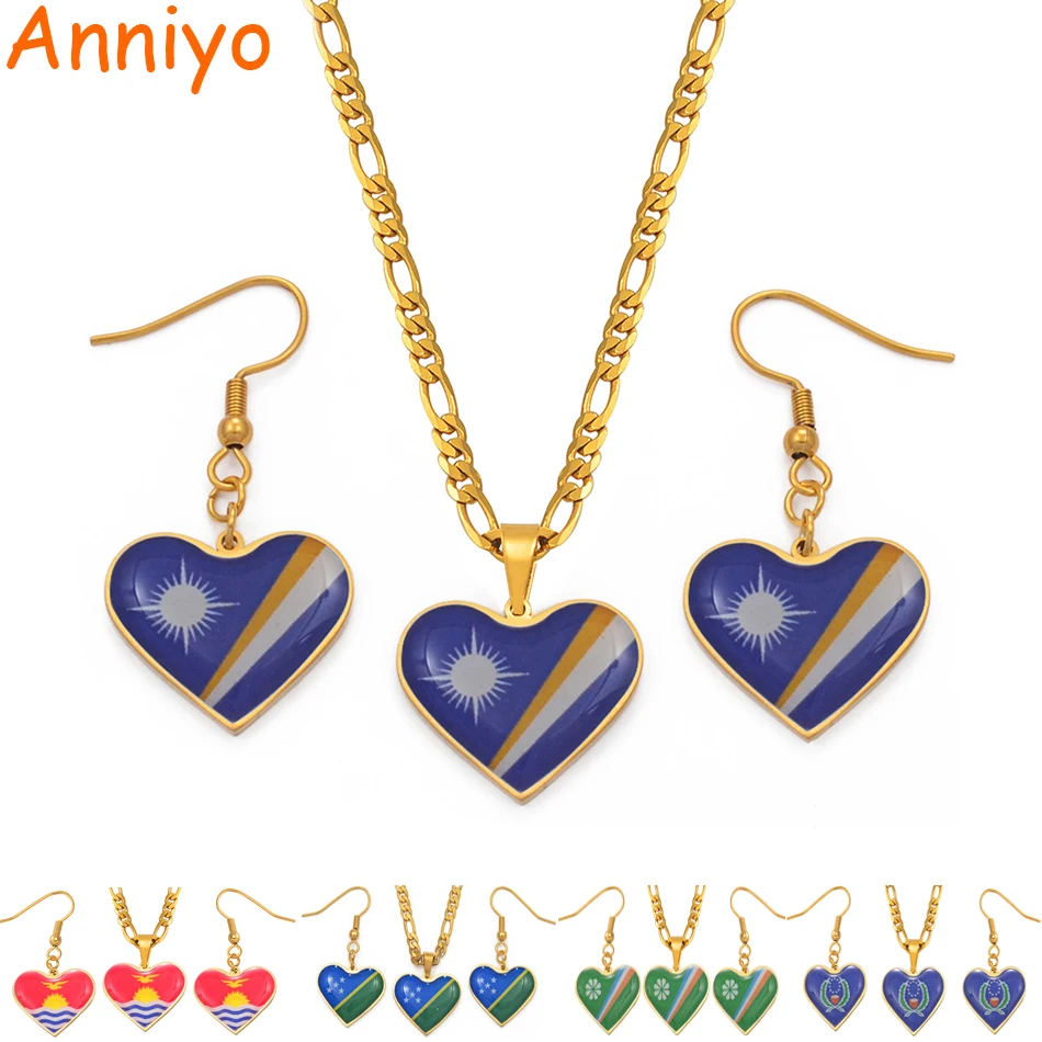 

Marshall Islands,Kiribati,Kwajalein,Pohnpei,Solomon Flag Necklace Earrings Jewelry Sets Heart Stainless Steel Micronesia NE+ER