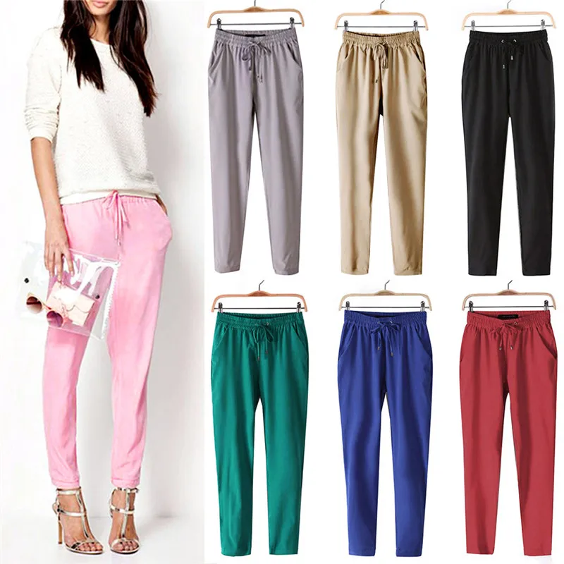 Casual Women Chiffon Pants Elastic Waist Solid Color Office OL Pants ...