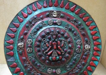 

12 Nepal Copper inlay coral turquoise ruby beryl Four Arm Guan Yin Buddha Tangka