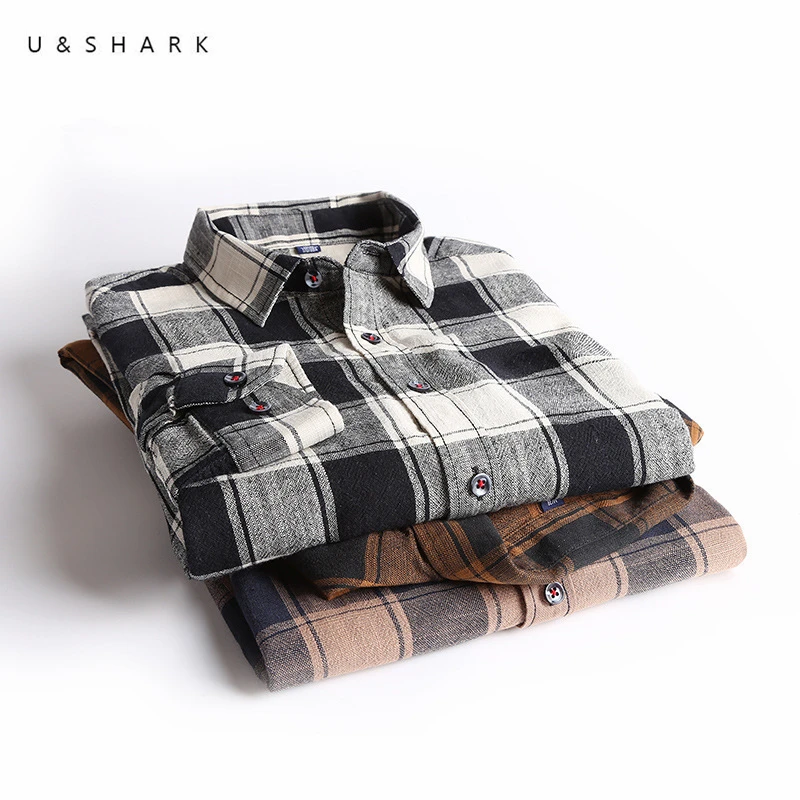 

U&SHARK Spring Autumn Plaid Shirt Flannel Black Checkered Shirt Men Shirts Long Sleeve Chemise Homme Cotton Male Check Shirts