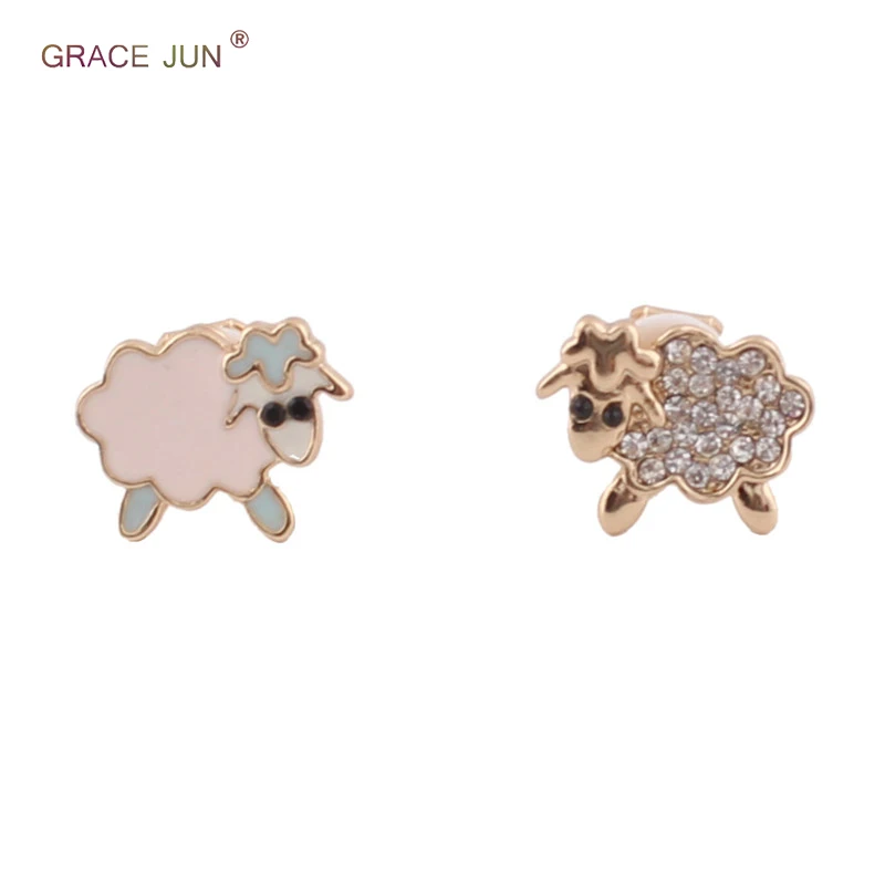 

GRACE JUN 2018 New Arrival Rhinestone Enamel Lamb Shape Stud Earrings for Women Party Wedding Cute Jewelry Accessory Good Gift
