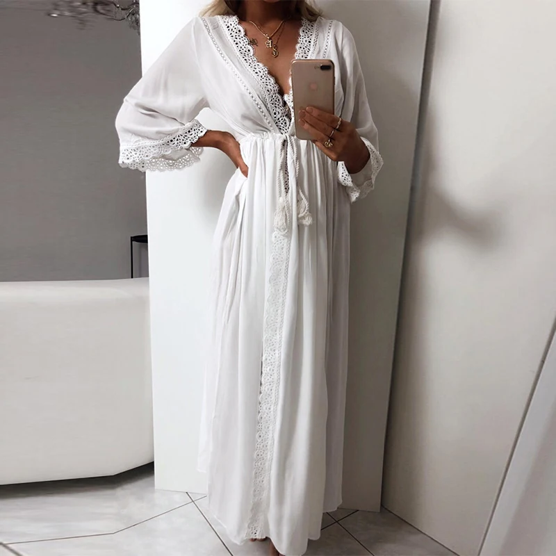 

Summer Sexy Deep V-neck Women Dress Casual Lace Patchwork Solid Dresses Holiday Maxi Beach Dress Vestidos