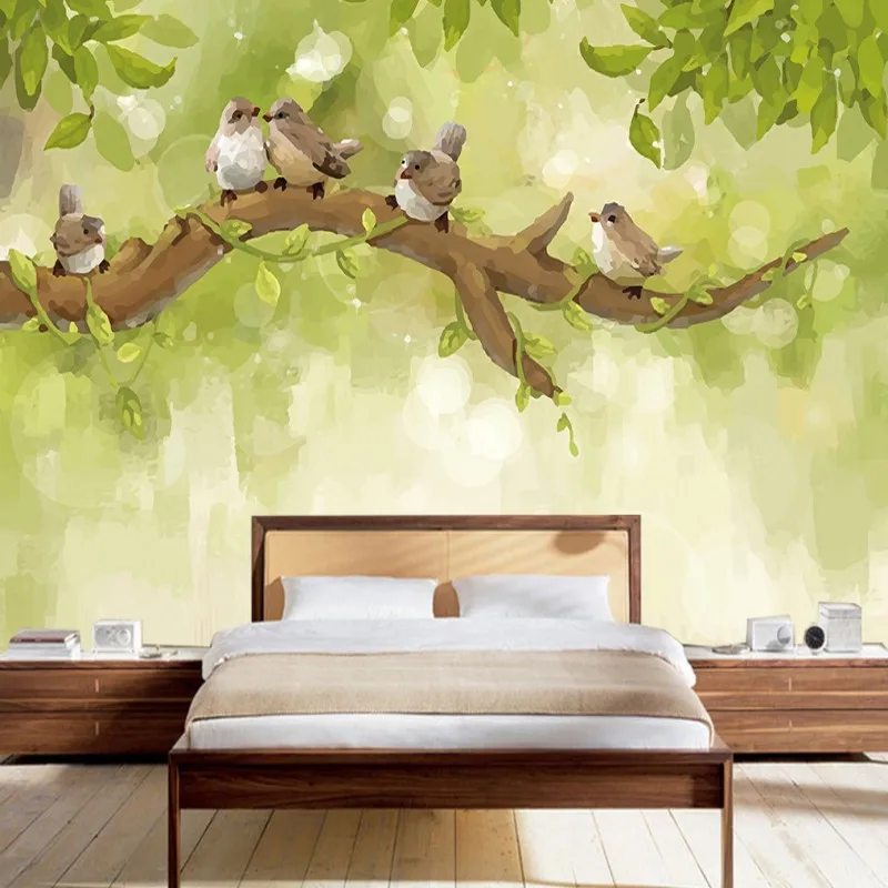 photo wallpaper Hand painted Nordic mural tree branch bird wallpaper