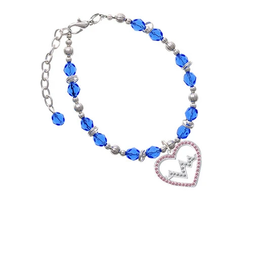 Silvertone Large Pink Crystal Heart with Clear Heartbeat Royal Blue Beaded Bracelet