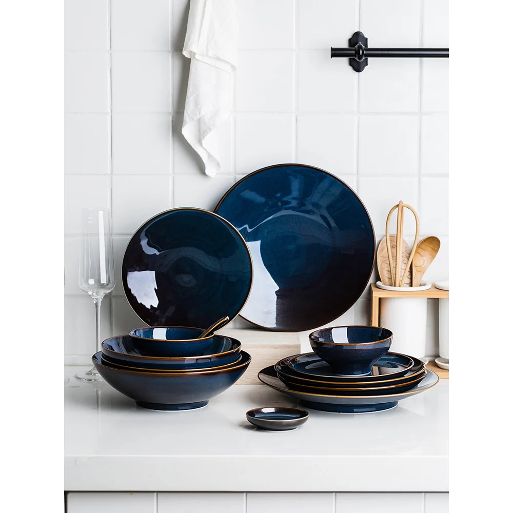 

Europe style dinner plates retro pigmented kitchen ceramic cutlery rice bowl porcelain spoon round blue solid food container