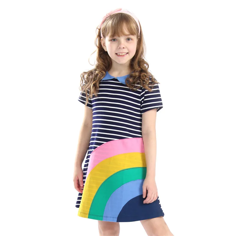 

Little Bitty baby girls new striped summer dresses kids new style cartoon dress with applique a rainbow hot selling girls dress