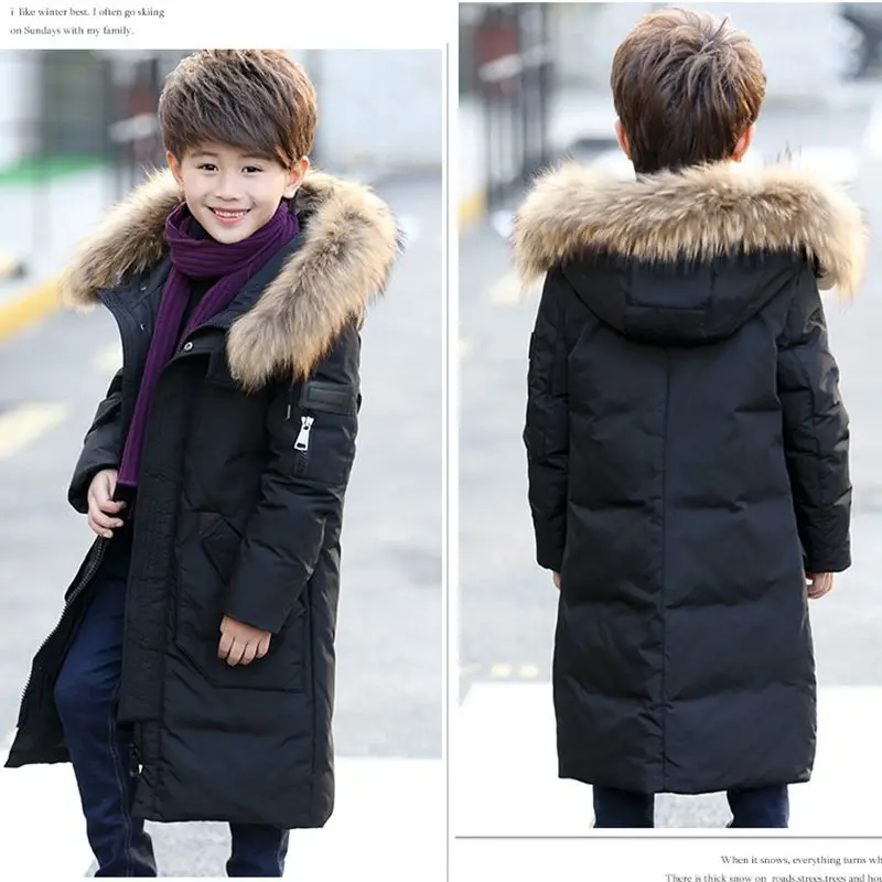 Корейский детский пуховик; зимнее пальто для мальчиков; пальто с капюшоном и мехом енота; утепленная верхняя одежда; парки на утином пуху для мальчиков; TZ218