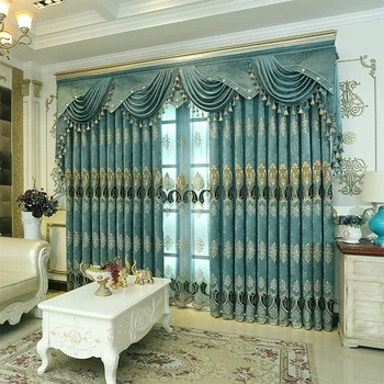 

Custom curtains Thicken chenille smooth Luxury quality European embroidery blue cloth blackout curtain tulle valance N338