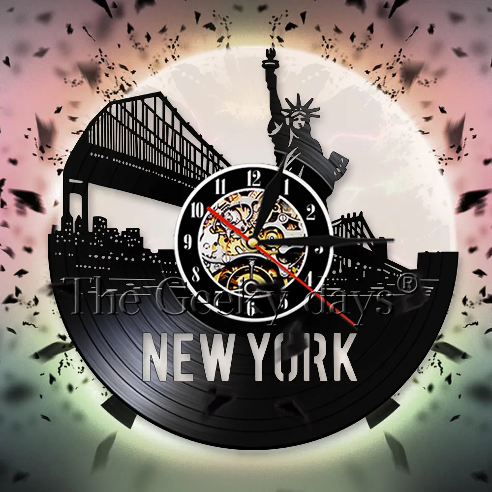 

New CD Vinyl Record Wall Clock Statue Of Liberty New York Skyline Wall Clock USA Cityscape Wall Decor For Living Room Bedroom