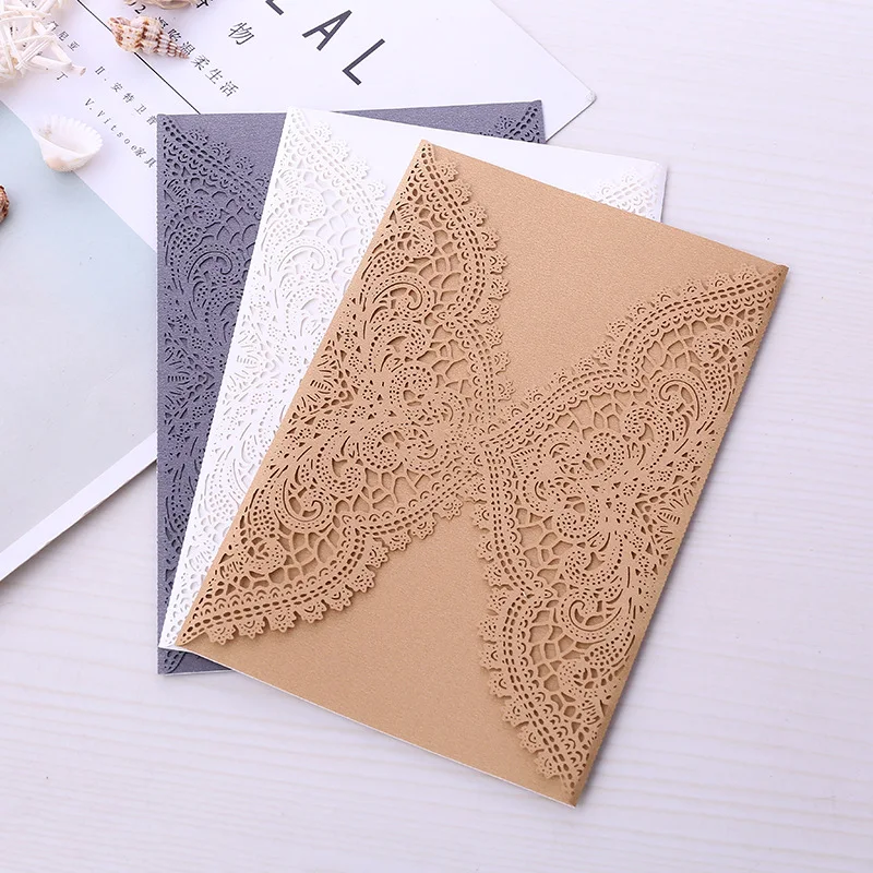

50pc Pearl paper customized laser cut wedding invitation card cover ,dinner invitation envelope in 24 color