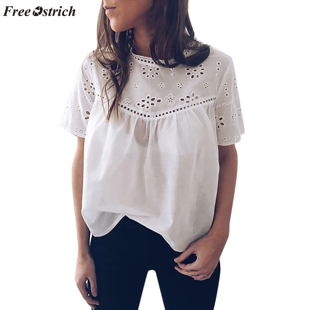 

FREE OSTRICH simple T-shirt fashion women's casual solid color round neck flower hollow embroidery casual short-sleeved T-shirt