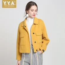Лидирующий бренд, двустороннее шерстяное пальто для женщин,, осенне-зимние однотонные короткие пальто с длинными рукавами, женская элегантная тонкая куртка желтого цвета