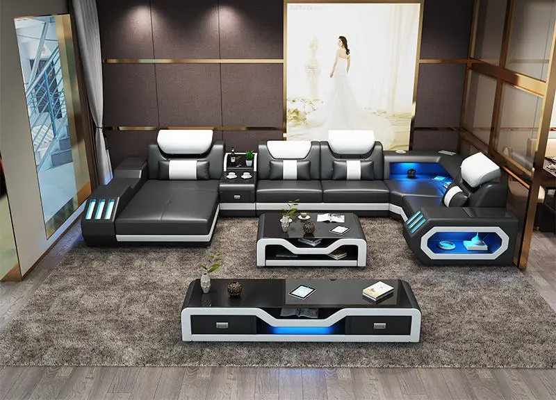 Современный дизайн светодиодный музыкальный плеер USB гостиной диван набор из натуральной кожи диван