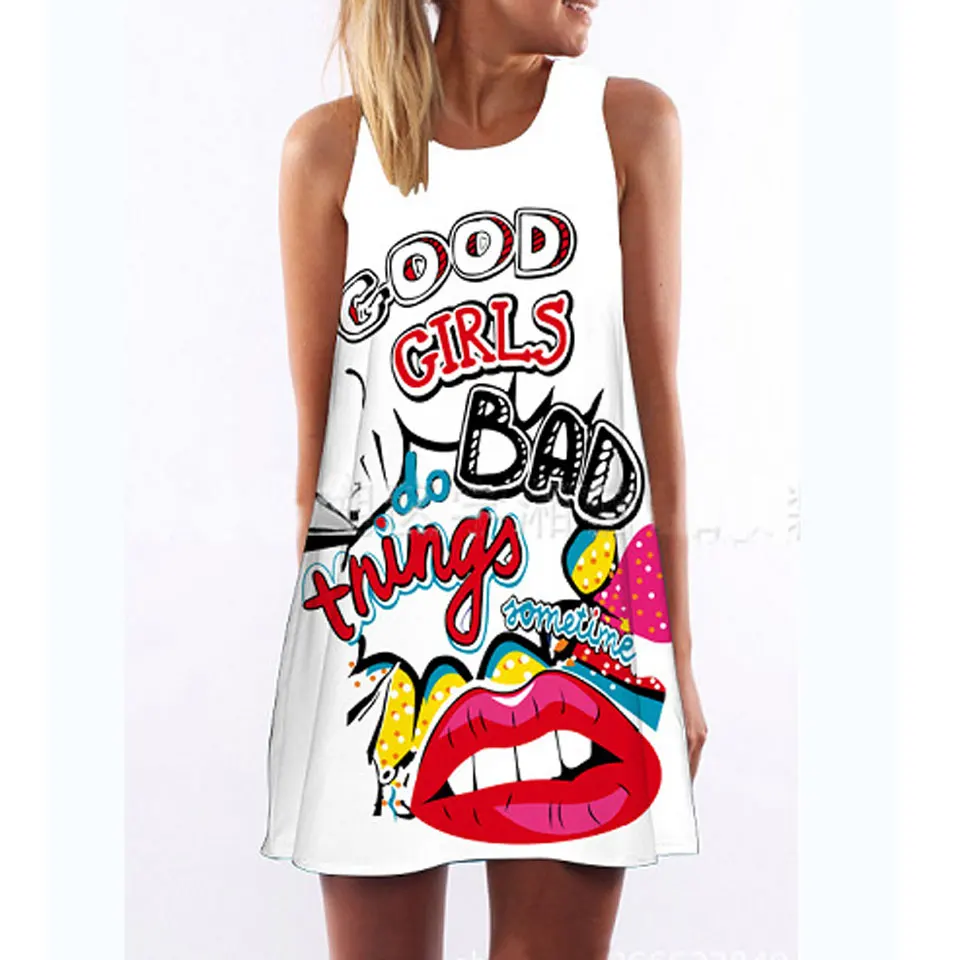 

2019 Hot Sale Women's Sexy summer boho digital print sleeveless O-neck Dress White Print Bohemian Dress ropa de mujer