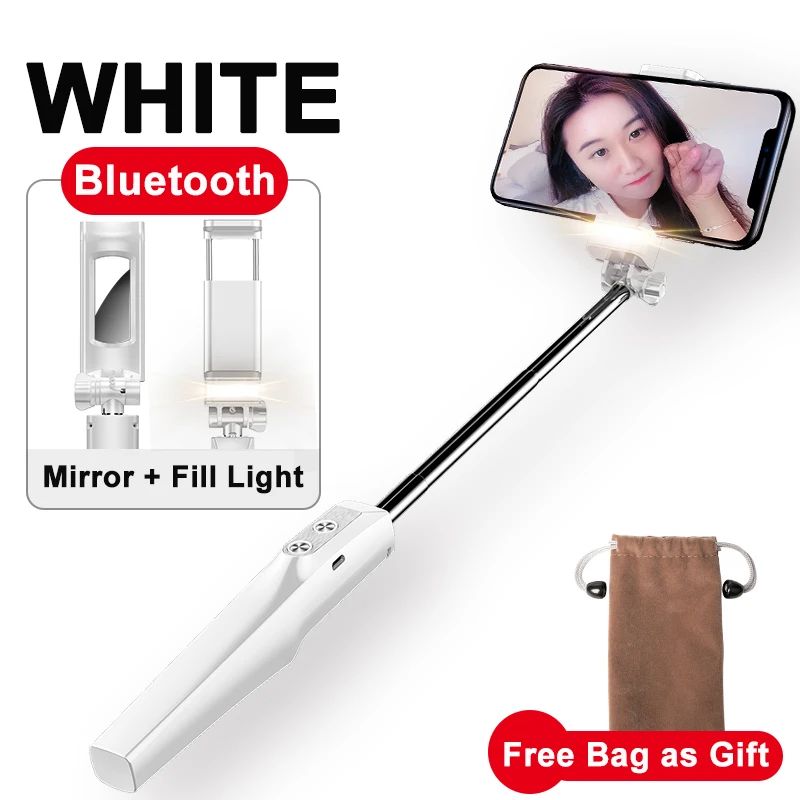 Складная селфи-палка Baseus Bluetooth Selfiestick+ Mirro+ заполняющий свет монопод для iPhone samsung Xiaomi Android Phone Stick - Цвет: White