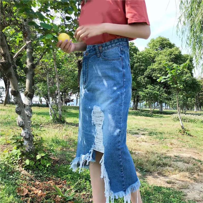 2019 сезон: весна-лето для женщин джинсы для юбка новый с высокой талией бахромой отверстие юбки Империя модные женские Нерегулярные Джинс