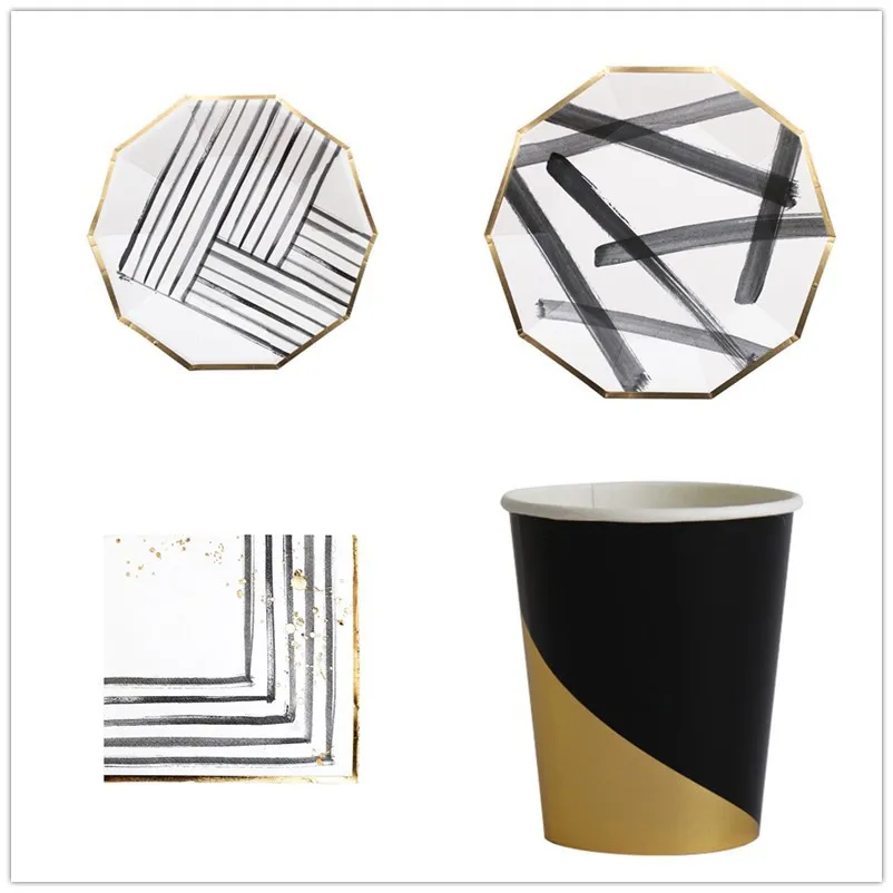 

Disposable tableware Black and White Brush Strokes Paper Plates High-grade Party Decor Cup Plate Napkin Birthday wedding Supplie