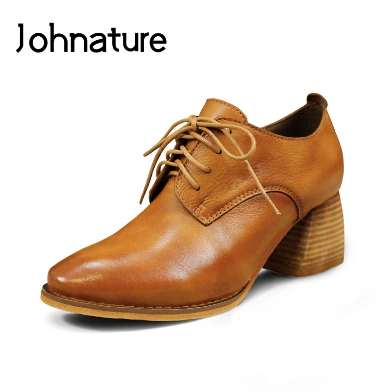 

Johnature 2019 New Spring/autumn Retro Pointed Toe Genuine Leather Casual Lace Up Cross-tied Lady Shoes High Heels Pumps