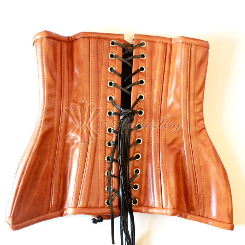 Annzley Double Steel Boned Brown Waist Training PU leather Underbust Corset (4)