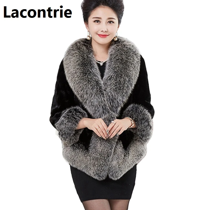 Lacontrie 2019 зима Для женщин темперамент Повседневное искусственного меха куртки 6XL плюс Размеры пальто Для женщин меховой воротник короткие