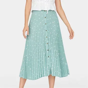 

2019 elegant polka dots pleated midi skirt women buttons design stylisy casual skirt chic vestidos