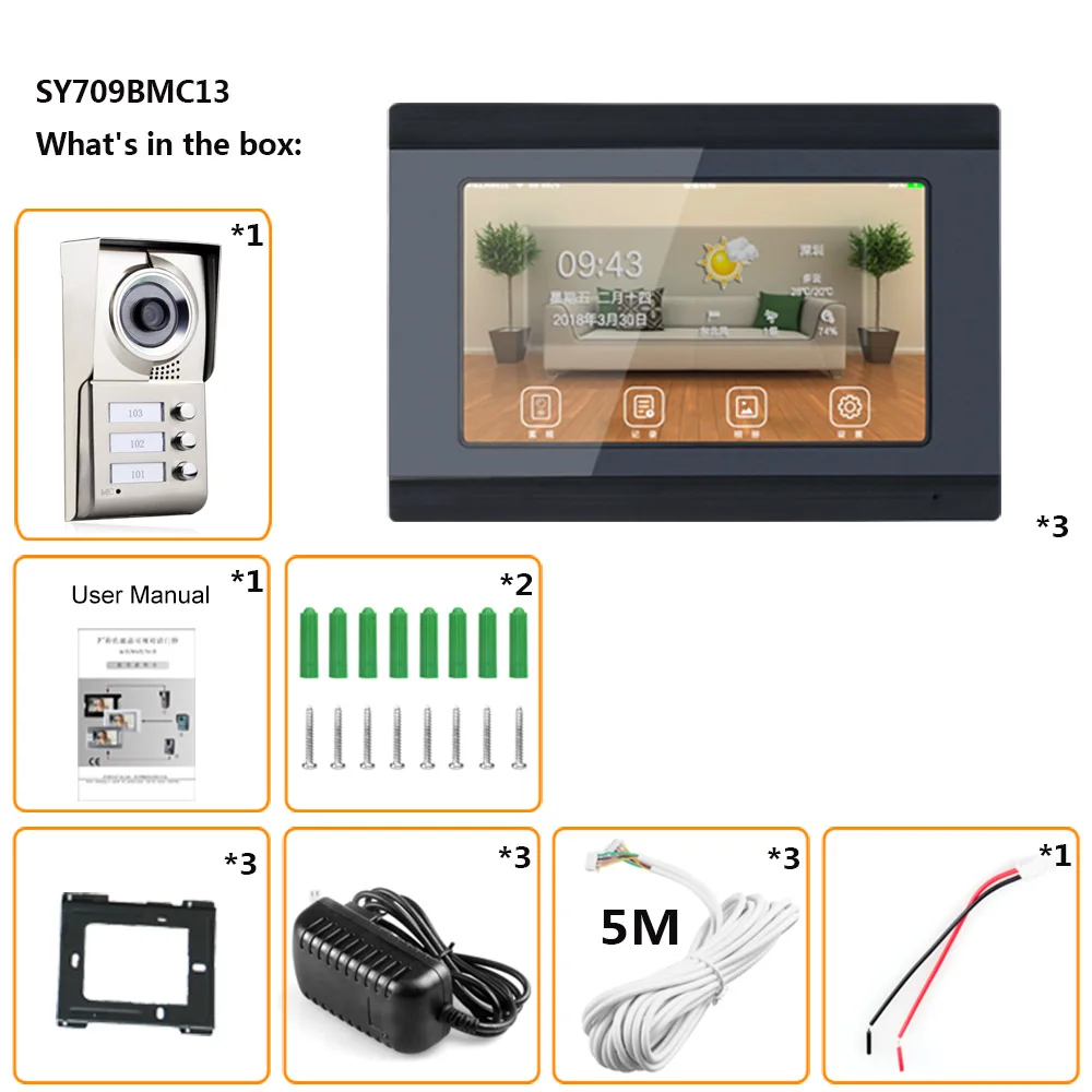 3 Монитора квартиры 1.0MP 720 P AHD IP wifi " сенсорный экран видеодомофон дверной телефон набор для записи для Android IOS Телефон