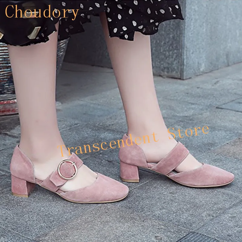 Choudory Genuine Leather Buckle Strap Women Pumps Med Chunky Heel Summer Fashion Pumps Black Pink Square Toe Casual Woman Shoes