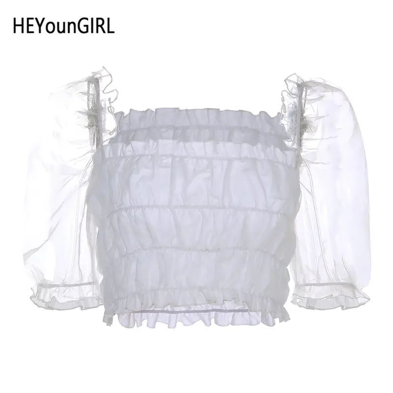 HEYounGIRL сетчатый укороченный топ с пышными рукавами, футболка, Женская Сексуальная футболка с открытой спиной, женская черная элегантная Винтажная Футболка Harajuku, летняя - Цвет: Белый