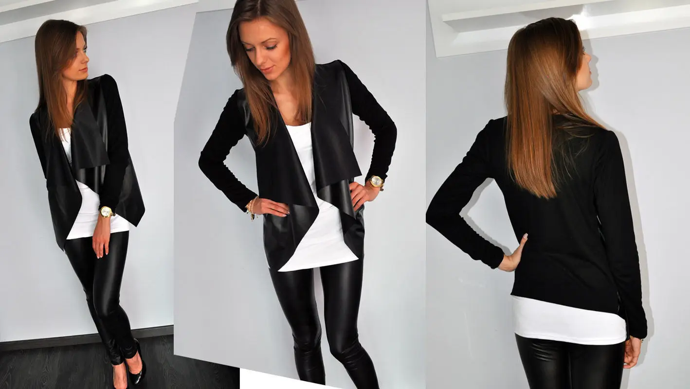 2019 New Black Girls Jacket Long-sleeved Cardigan Stitching Leather Collar Collar Coat Female Leather Jacket Women Suede Jacket