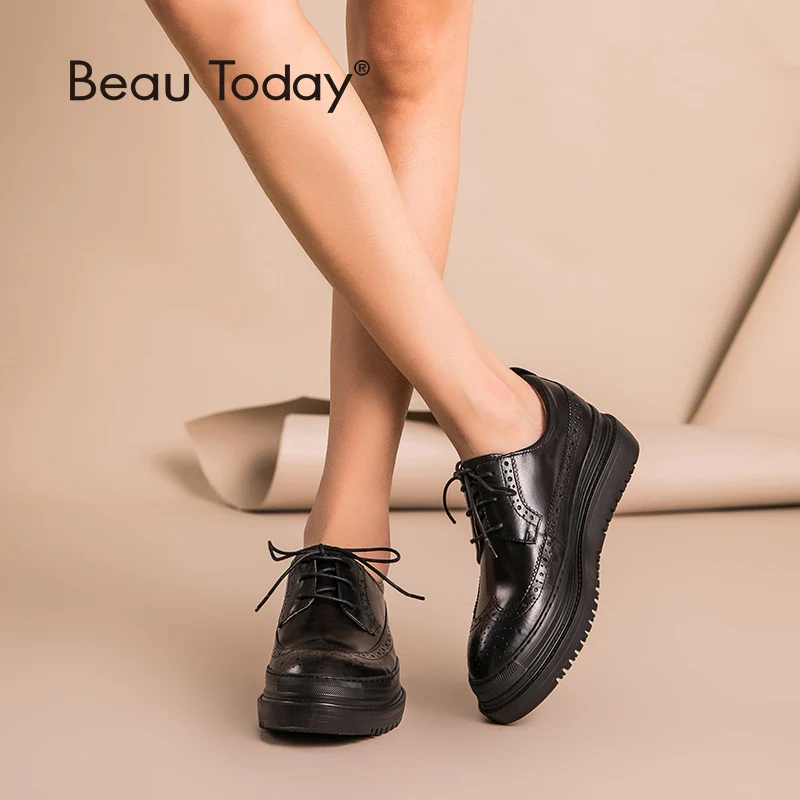 Женские ботинки броги BeauToday туфли из натуральной коровьей кожи на плоской