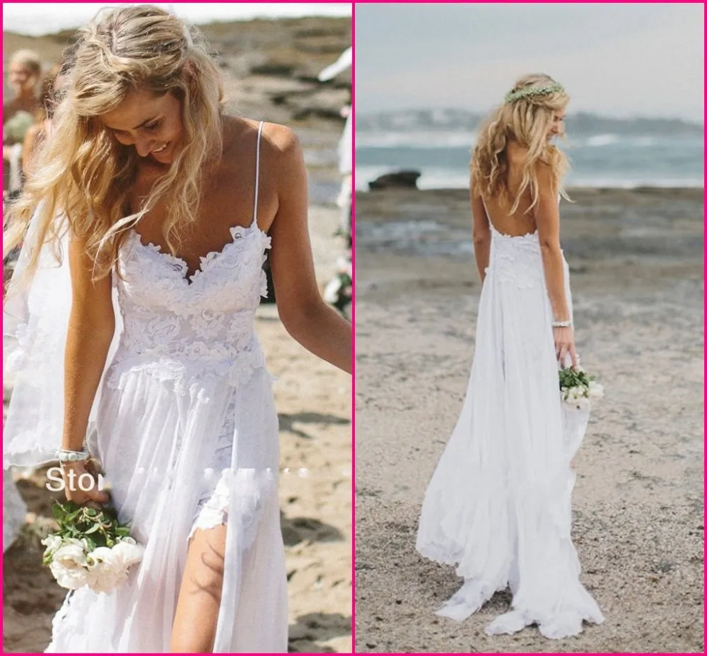 Потрясающие Vintage Boho Белый Пляж в Нижней Части Спины Свадебные Платья Шифон