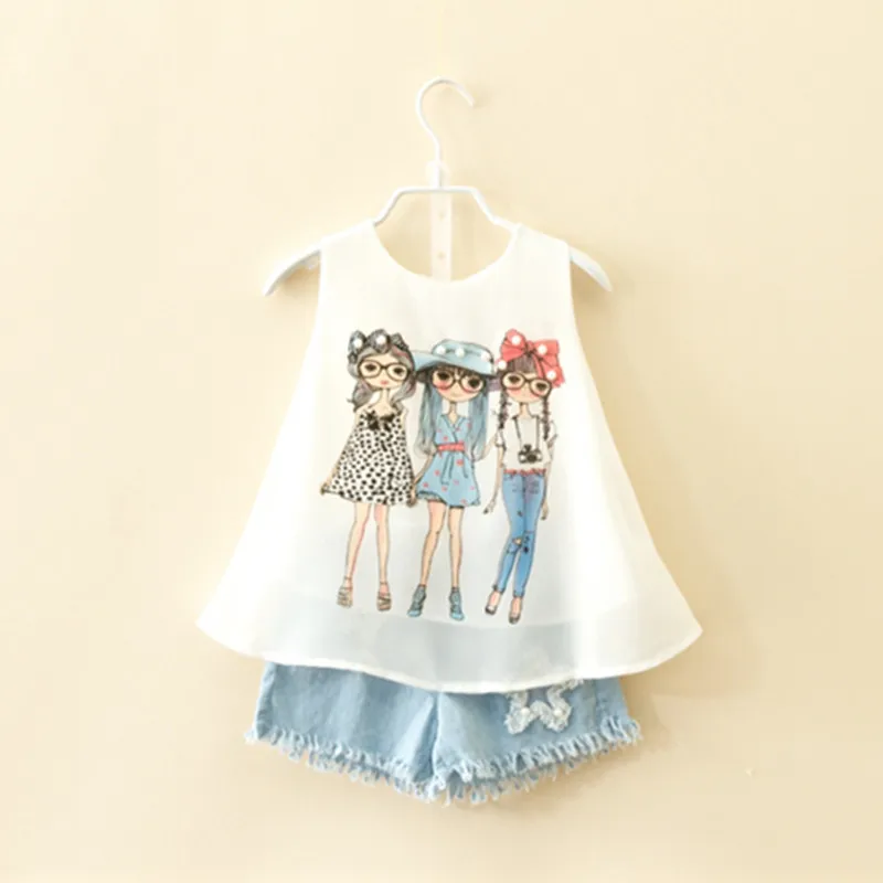 

Hot sale 2019 children girls summer sets Kids Girls fashion cartoon chiffon Vest + Denim shorts clothing sets 3-8 years !