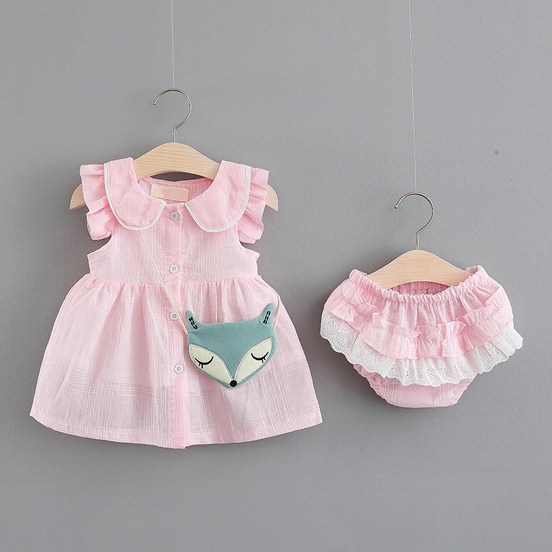 

Cotton Summer Wear New Baby Girl Pink Yellow Single-breasted Dress Baby Summer Vest + Short Suit 0-3 Years Clothes
