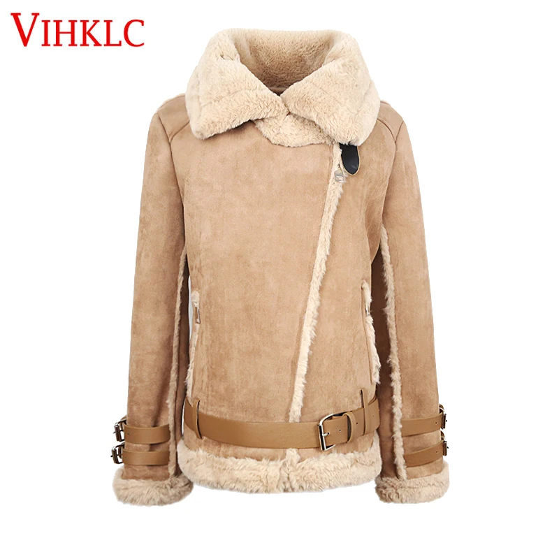 2017 Winter Faux Suede Lambs Wool Jacket Women Parka Lapel Thicken