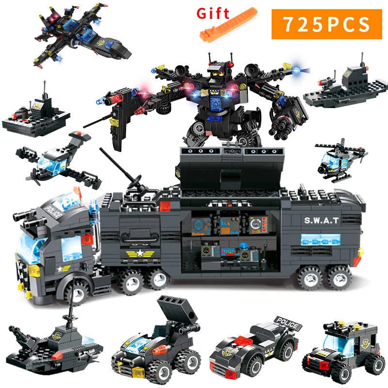 Ceny 725 sztuk 825 sztuk Upgrade 8 w 1 robota samolot samochód miasto policji serii SWAT serii klocki klocki wojskowe zabawki dla dzieci dla dzieci